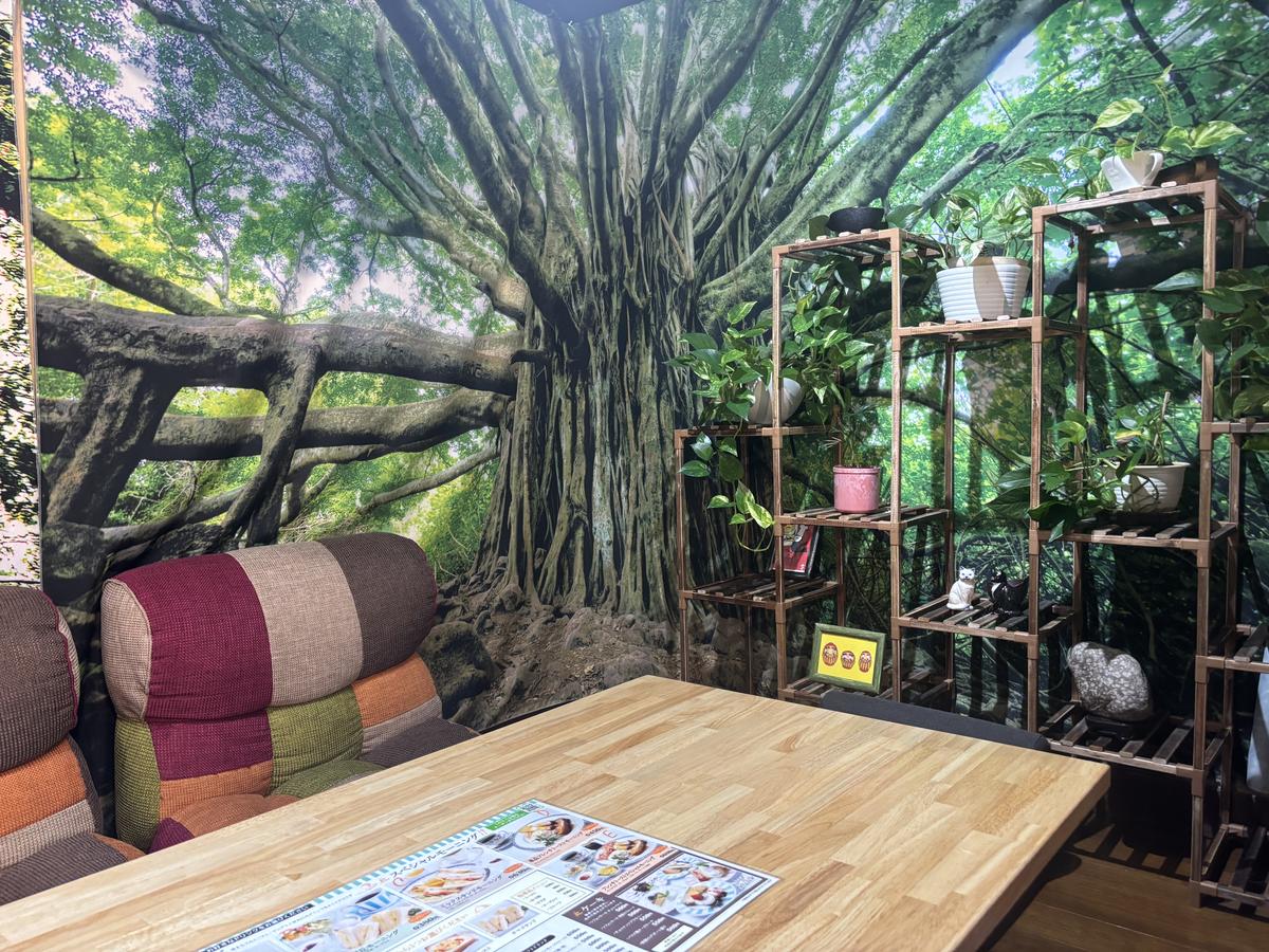 大木の壁画と植物の棚